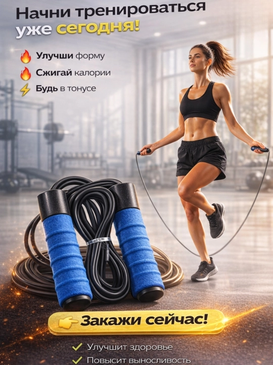 Скакалка для фитнеса с мягкими ручками, регулируемая, для кардио и похудения