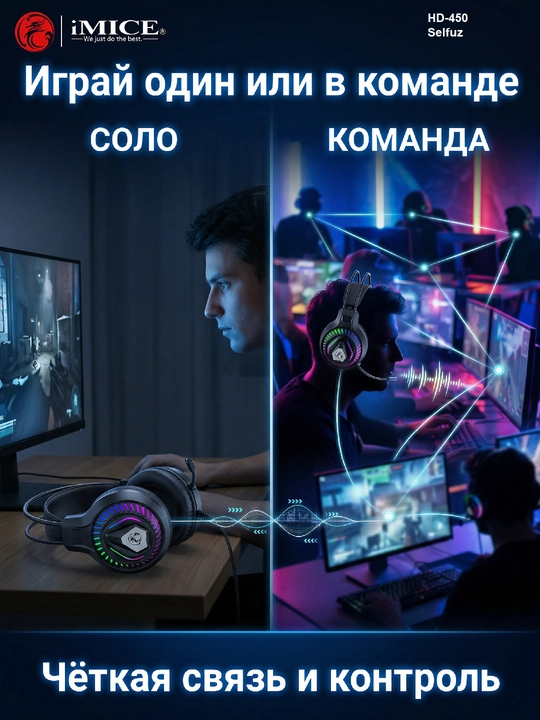 Игровые наушники с микрофоном, проводные, для компьютера и телефона, RGB-подсветкой iMICE