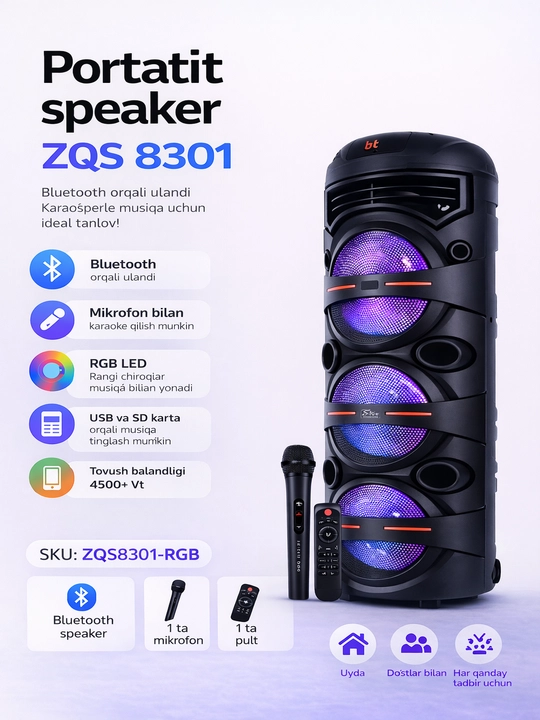 Bluetooth колонка ZQS4303 4239 с микрофоном, RGB подсветка, мощный бас