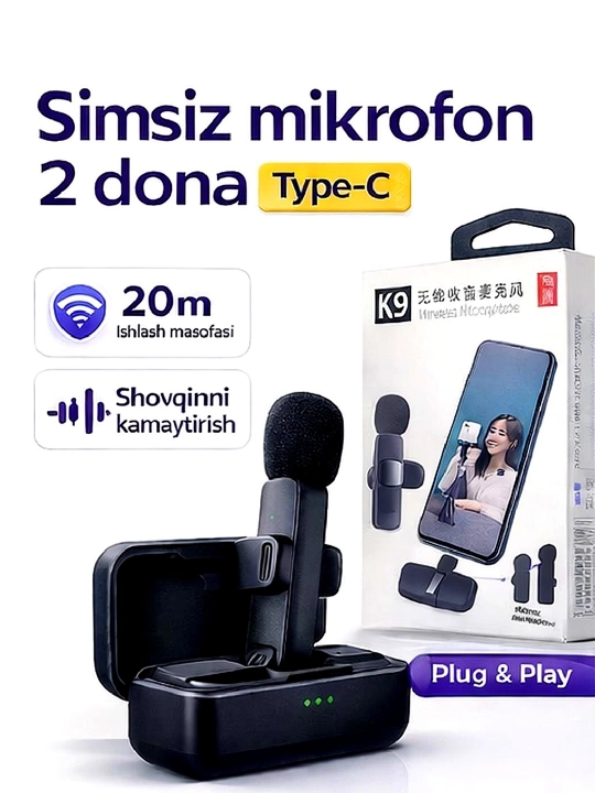 K9 simsiz mikrofon 2 ta mikrofonli to‘plam, Type-C va Iphone, Shovqinni kamaytirish - 