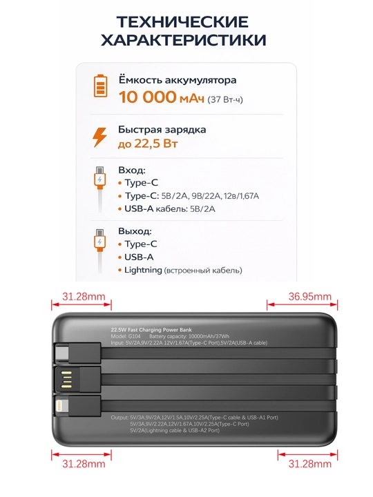 Powerbank 10000 mAh 22.5W ekranli Type-C USB Lightning