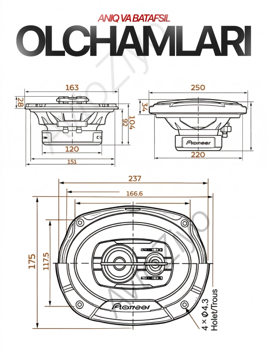 Pioneer V3 champion kolonkasi TS-6975, 550 Vt, usilitel shart emas