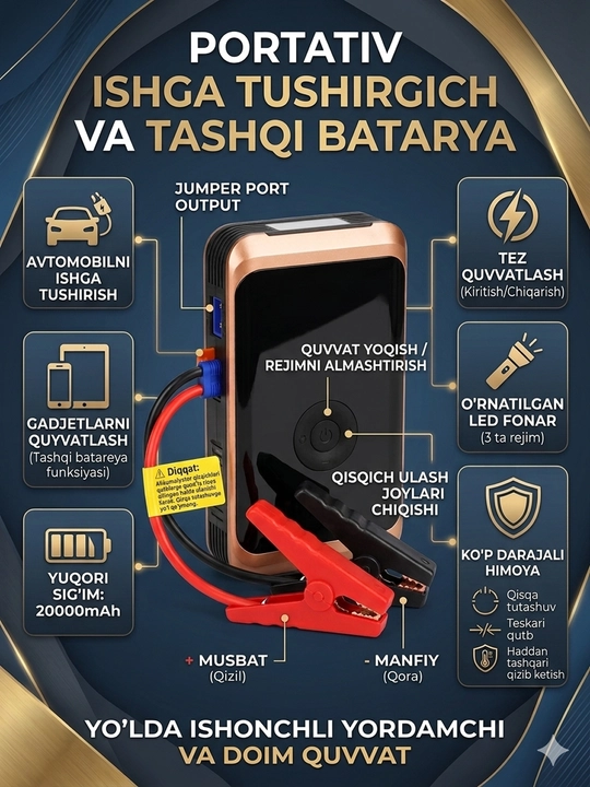 Ko‘p funksiyali avtomobil starteri va kompressor – yo‘lda ishonchli yordamchi!