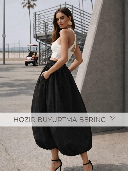 ​Yubka ayol balon maxi, cho'ntaklari bilan elastik tasmali yozgi