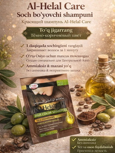 Al-Helal Care Hair Color Shampoo — шампунь-краска (темно-коричневый), 25 мл — HADIYAB-SHAMPJIG