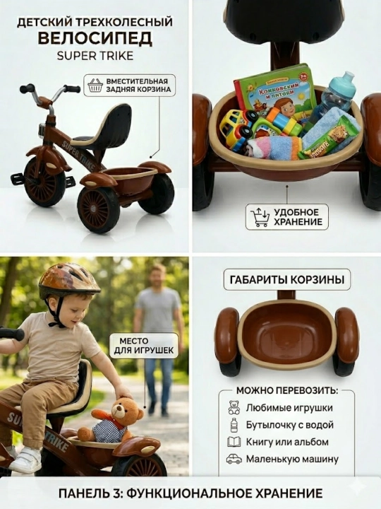 Bolalar uch g‘ildirakli velosiped 2-5 yosh, savatli, sirpanmaydigan pedal