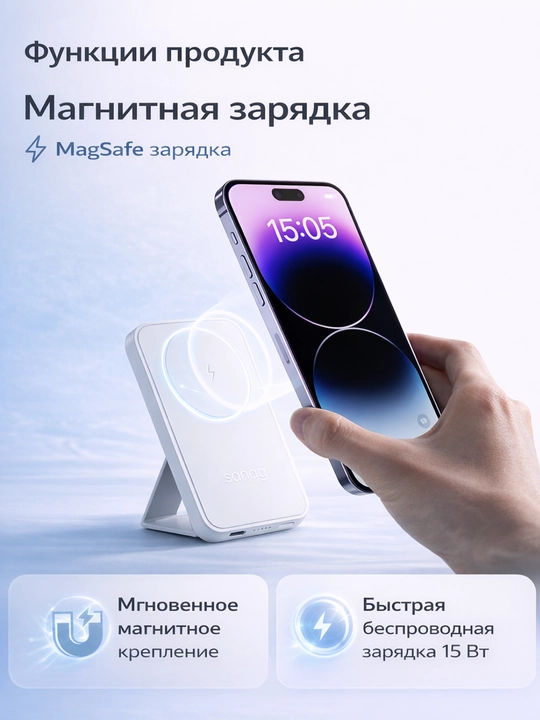 Power Bank Sanag K67 5000mAh, беспроводная зарядка MagSafe 15W, быстрая зарядка PD 20W