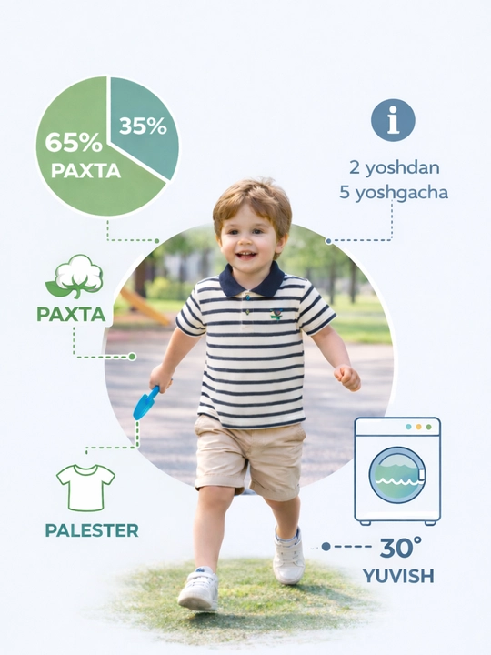 O‘g‘il bolalar uchun polo futbolkasi, 2-5 yosh, paxta, laykra, qulay va zamonaviy