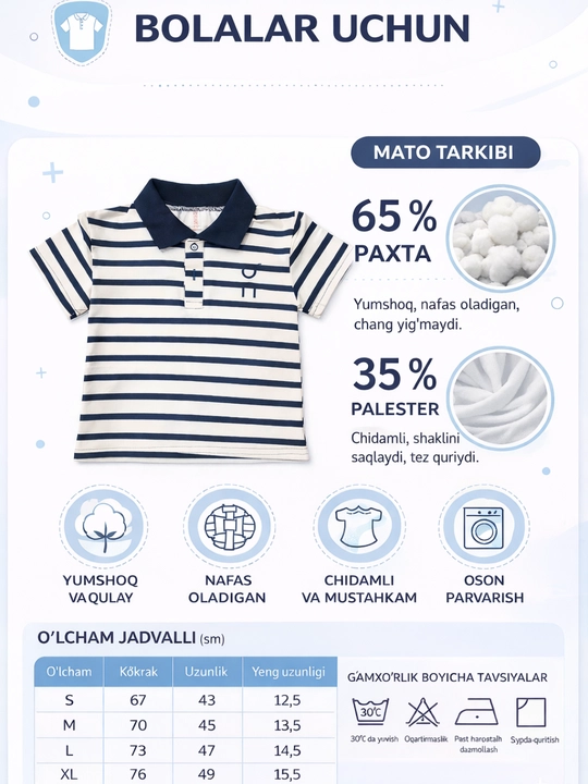 O‘g‘il bolalar uchun polo futbolkasi, 2-5 yosh, paxta, laykra, qulay va zamonaviy