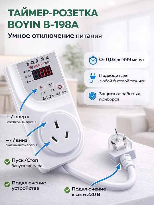 Raqamli taymer rozetka B-198A  Avtomatik yoqish va o‘chirish funksiyasi 220V - 