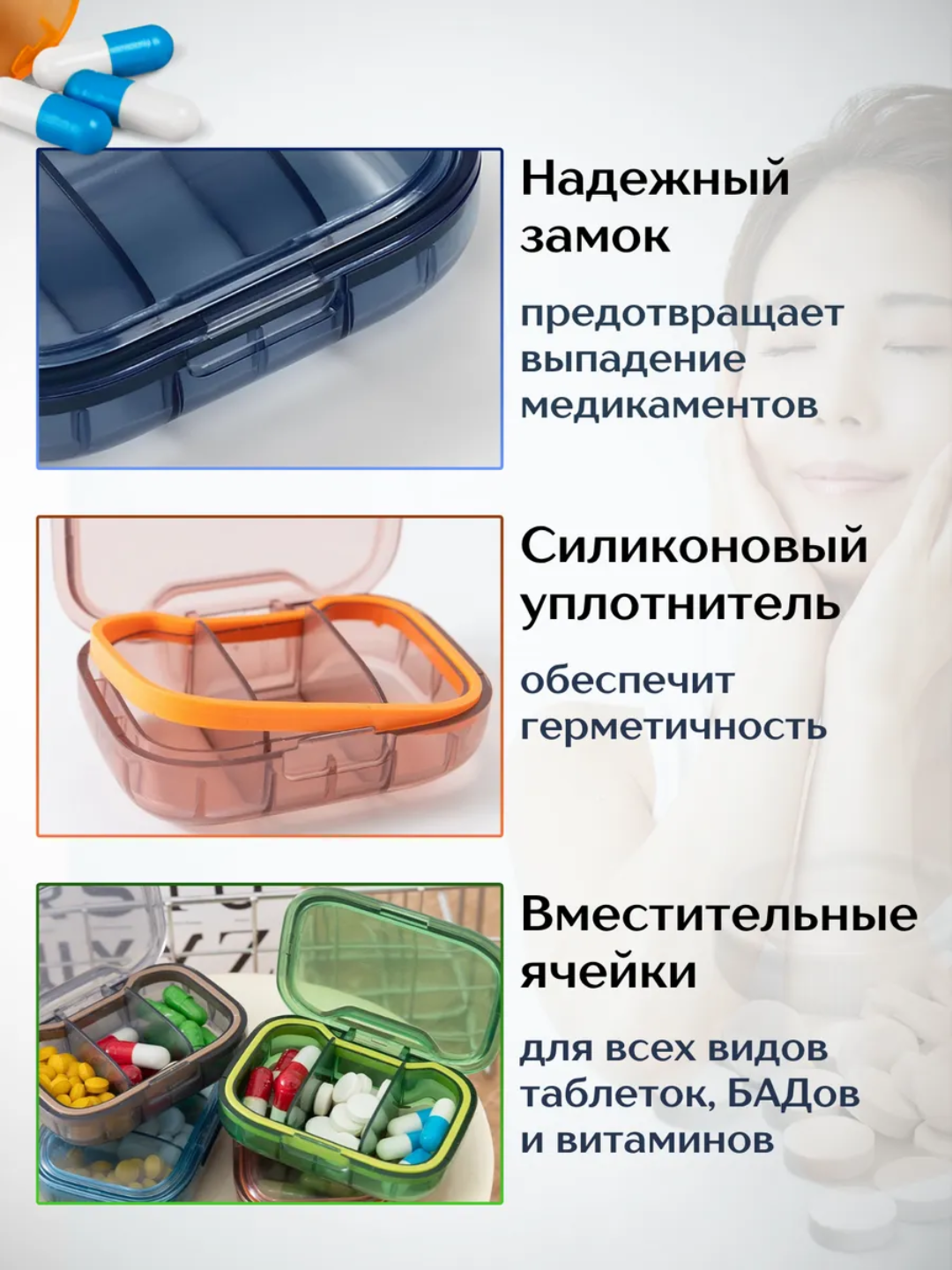 Таблетница, контейнер для бадов, лекарств и витаминов, органайзер портативный для таблеток