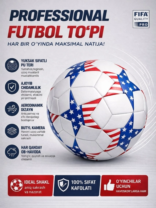 Futbol uchun to'p, o'lcham 5, 32 panelli koptok, lateks kamera