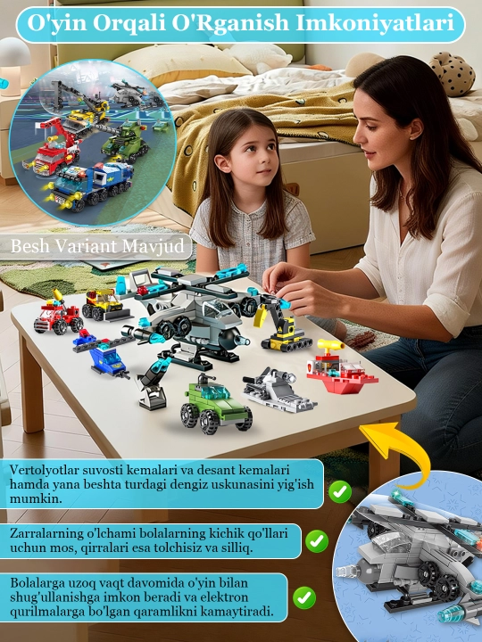 6-in-1 qurilish bloklari to'plami — ijodiy ta'limiy o'yinchoq yong'in o'chirish mashinasi