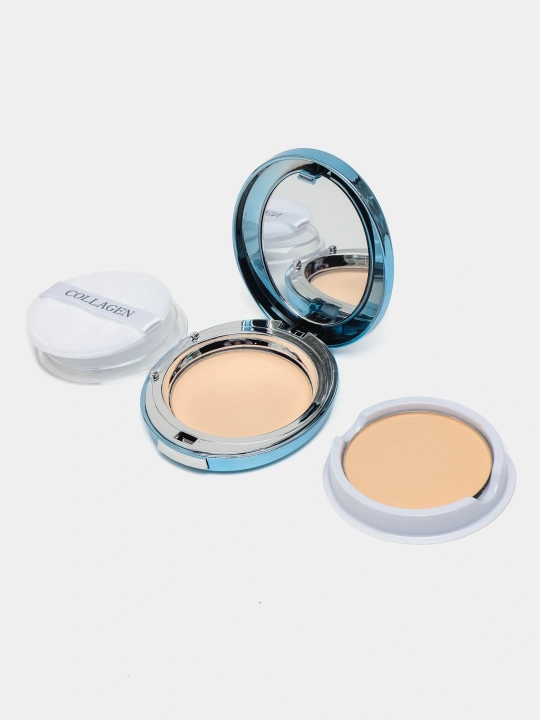 Kollagenli yuz pudrasi SPF 25+, barcha teri uchun mat upa, tekislovchi effekt
