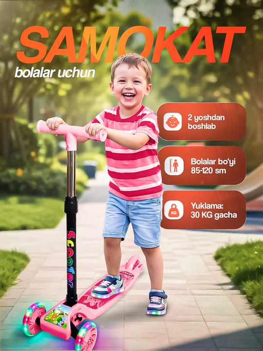 Bolalar uchun samokat, bolalar samokati, 3 g‘ildirakli, qizlar va o‘g‘il bolalar uchun - 