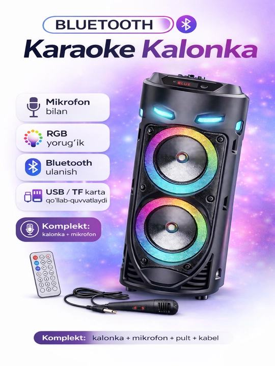ZQS Katta simsiz Bluetooth kolonkasi, karaoke, RGB yoritgichli, mikrofon va pultli
