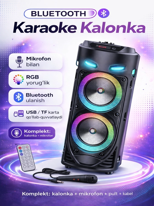 ZQS Katta simsiz Bluetooth kolonkasi, karaoke, RGB yoritgichli, mikrofon va pultli