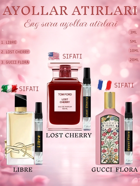 Набор духов для женщин Libre, Tom Ford Lost Cherry, Gucci Flora, 3 в 1