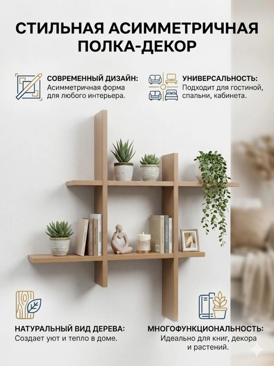 Стильная настенная полка-декор с асимметричным дизайном - 