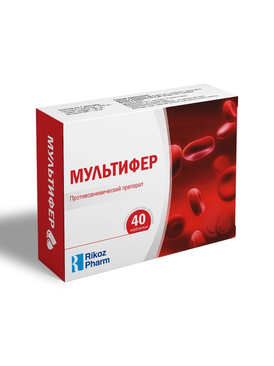 Мультифер (0+): железо хелат, витамины для гемоглобина (В12, фолиевая), 40 таблеток