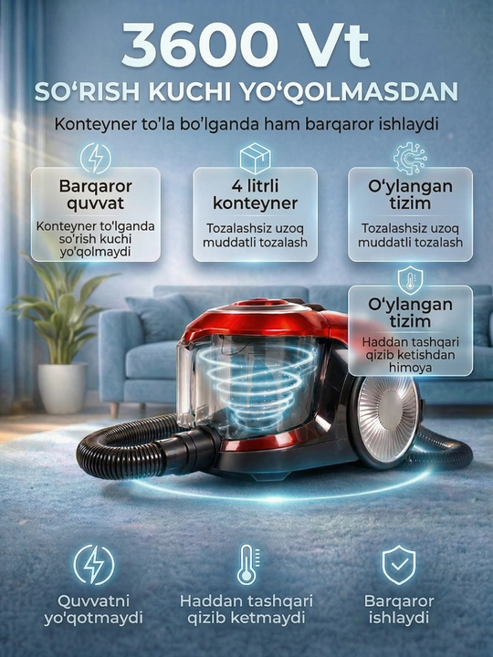 Changyutgich LG PowerPro, 3600W, xaltasiz, 4 litr, HEPA filtr