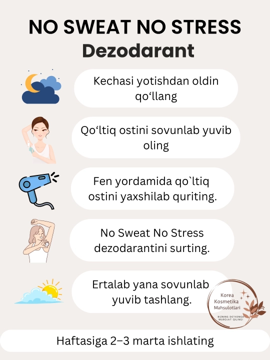 Dezodarant ayollar va erkaklar uchun, terlashga qarshi dry dry, no sweet no stress, Koreya