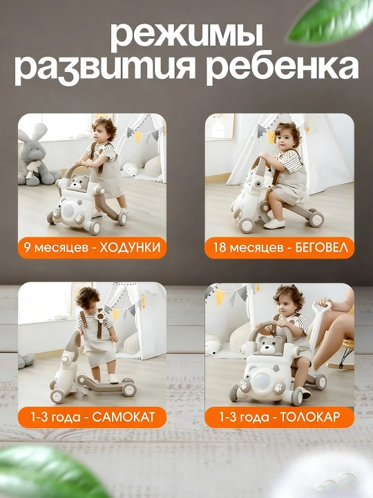 Ходунки детские 5 в 1, каталка, беговел, самокат, музыкальная панель