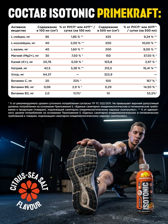Изотоник Prime Kraft 500 мл, BCAA, электролиты, витамины - блок 12 штук