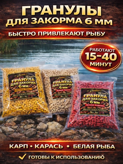 Закормочные гранулы, 6 мм, для карпа и карася, пеллетс, прикормка, 1 кг, мёд, клубника, чеснок
