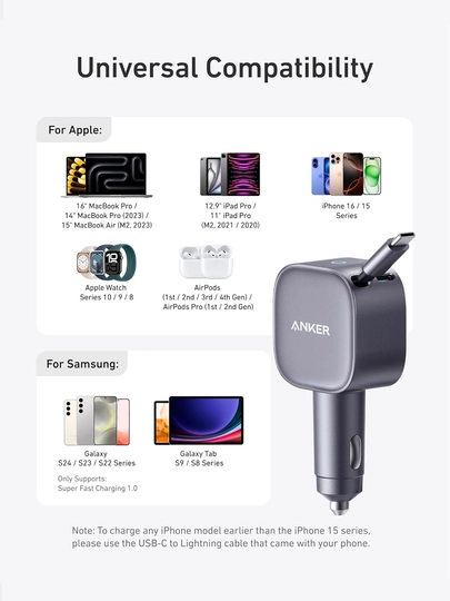 Anker Nano 75W avtomobil uchun zaryadlash qurilmasi, tortib olinadigan Type-C kabel 75 sm 3