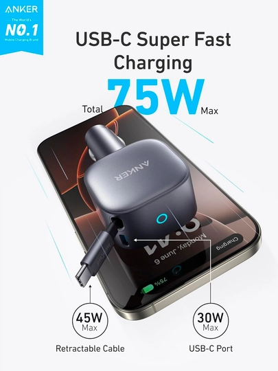 Anker Nano 75W avtomobil uchun zaryadlash qurilmasi, tortib olinadigan Type-C kabel 75 sm 4