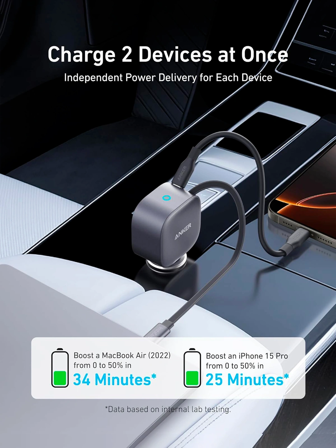Anker Nano 75W avtomobil uchun zaryadlash qurilmasi, tortib olinadigan Type-C kabel 75 sm 2