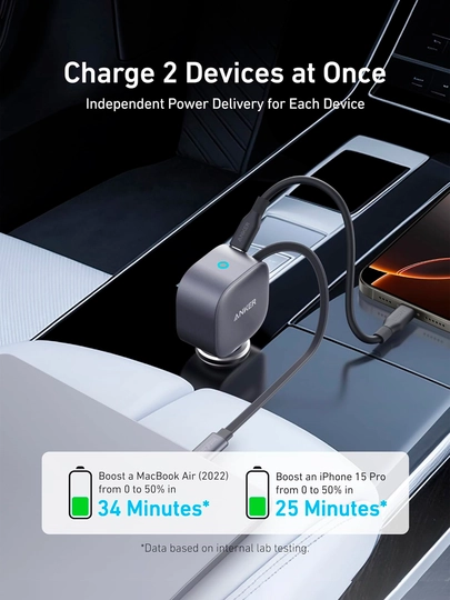 Anker Nano 75W avtomobil uchun zaryadlash qurilmasi, tortib olinadigan Type-C kabel 75 sm 2