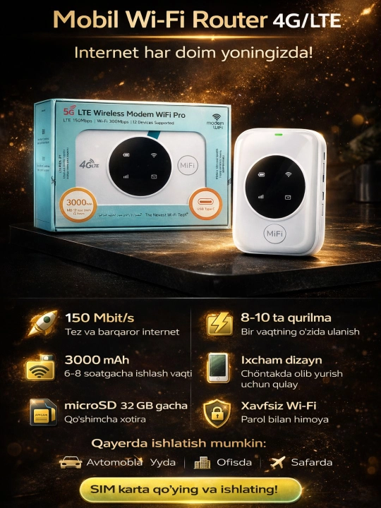 Cho‘ntak Wi-Fi routeri, SIM-kartali Wi-Fi routeri, internet provayderi, 4G, 5G, LTE modemi - 