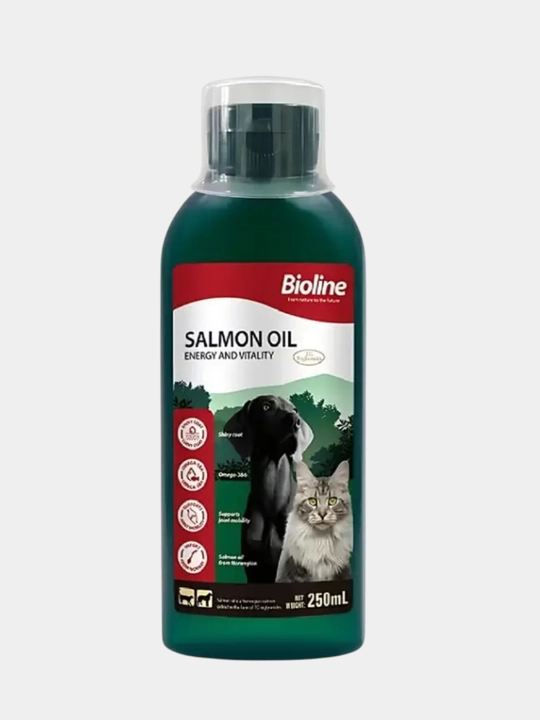 Mushuklar va itlar uchun losos yog'i, oziq-ovqat qo'shimchasi, 250 ml, Bioline - 