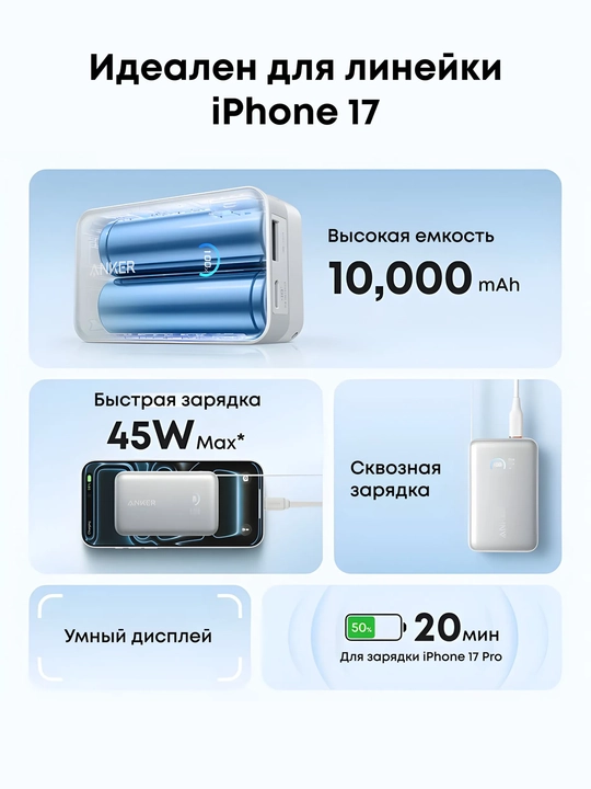 Anker Nano Power Bank 10000 мАч, 45 Вт, встроенный выдвижной кабель USB-C + Type-C