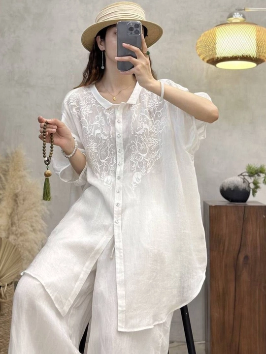 Ayollar rubashkasi tunika XL–4XL. Yozgi paxta va lyon bluzka kashtali erkin fason, sorochka