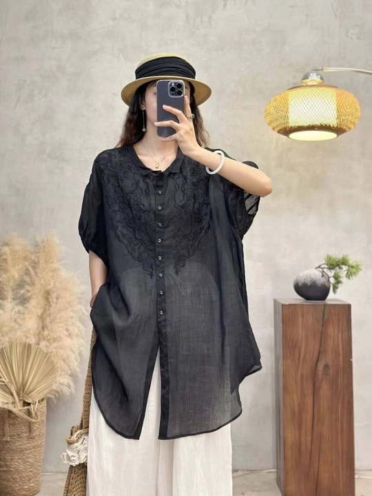 Ayollar rubashkasi tunika XL–4XL. Yozgi paxta va lyon bluzka kashtali erkin fason, sorochka - 