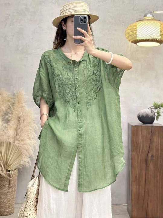 Ayollar rubashkasi tunika XL–4XL. Yozgi paxta va lyon bluzka kashtali erkin fason, sorochka - 