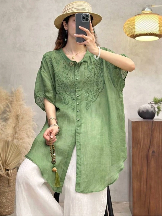 Ayollar rubashkasi tunika XL–4XL. Yozgi paxta va lyon bluzka kashtali erkin fason, sorochka