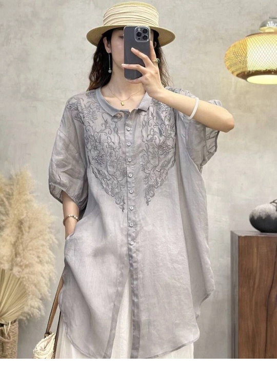 Ayollar rubashkasi tunika XL–4XL. Yozgi paxta va lyon bluzka kashtali erkin fason, sorochka