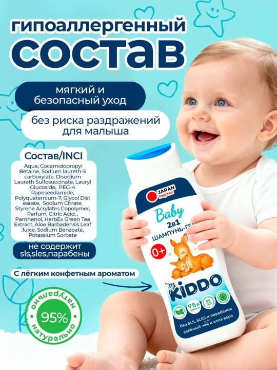 Детский шампунь и гель 2 в 1, гипоаллергенный, 0+, 300 мл, MyKiddo