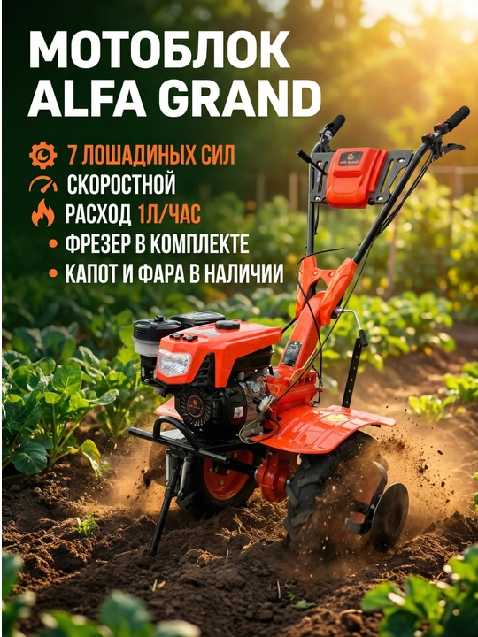 Бензиновый мотоблок для сельского хозяйства Alfa Grand, 7 лошадиных сил - 