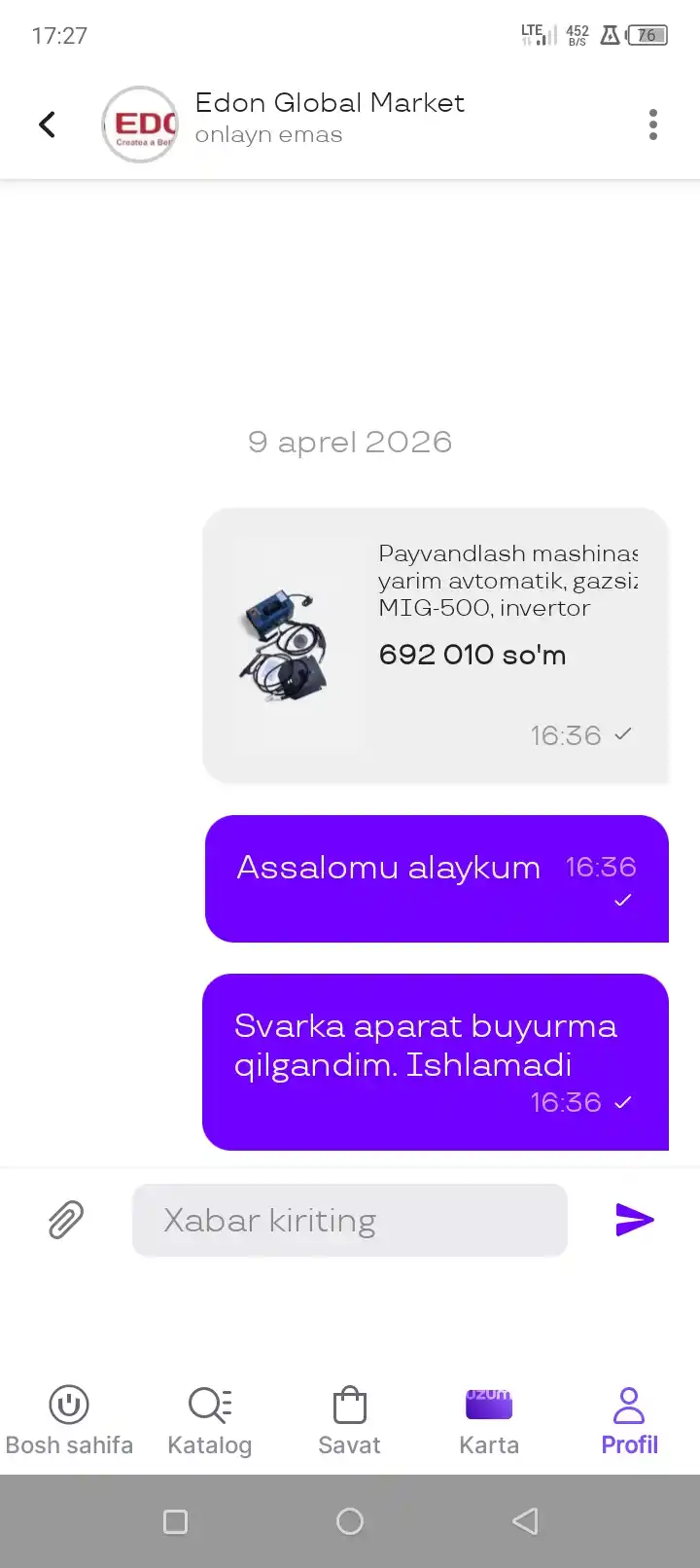 Payvandlash mashinasi, invertorli, yarim avtomatik, gazsiz, MIG - 500