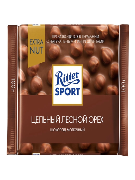 Ritter sport to'ldirilgan shokolad barlari, sutli to'liq findiq, 100g - 