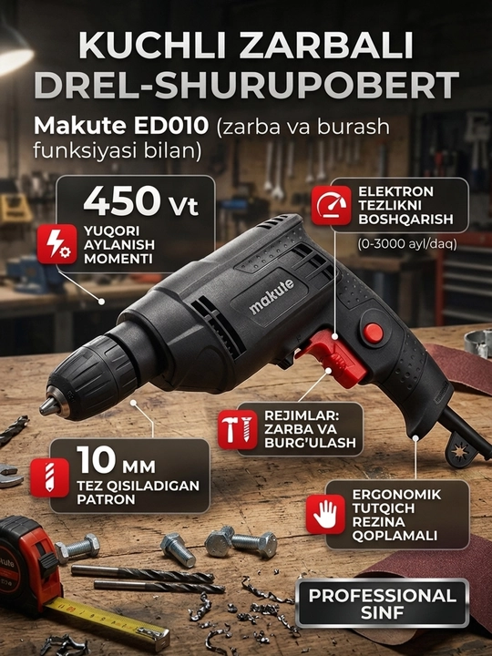 Электрическая дрель Makute ED010 (с ударной+шуруповерт функциями)