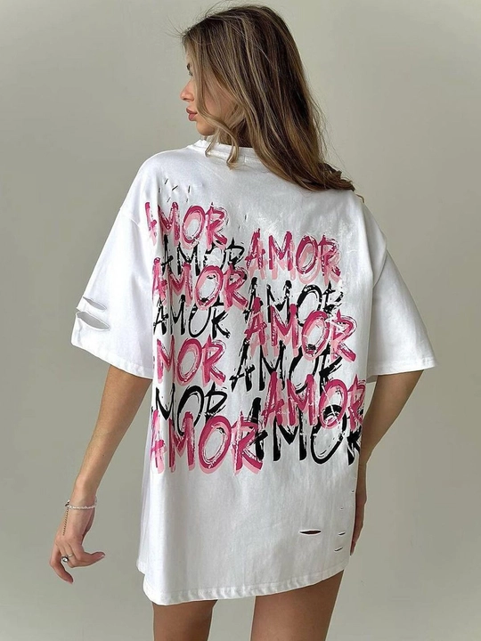 Ayollar uchun oversize futbolka, yozgi cotton t-shirt, AMOR print, qisqa yengli