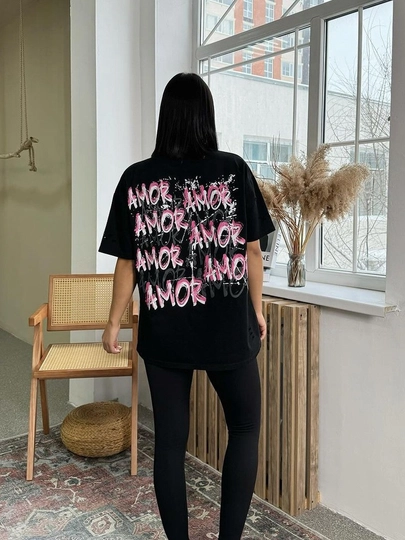 Ayollar uchun oversize futbolka, yozgi cotton t-shirt, AMOR print, qisqa yengli