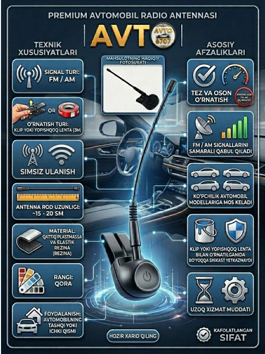 Universal avtomobil FM/AM antennasi klipsli yoki yopishtiriladigan - 