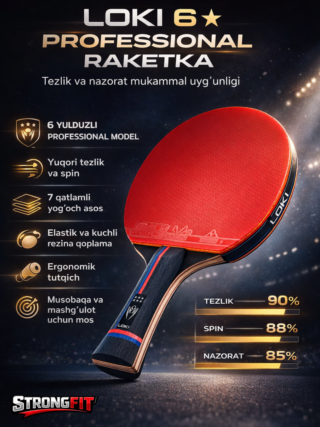 Professional stol tennis raketkasi LOKI  – kuchli aylanish, qulay tutqich - 